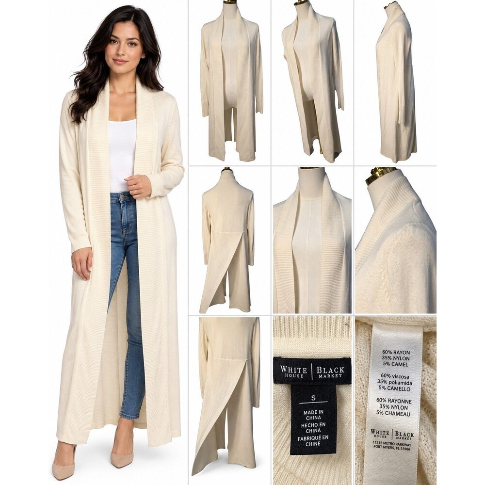 White House Black Market Duster Cardigan Sweater S Ivory Long Maxi Back Slit